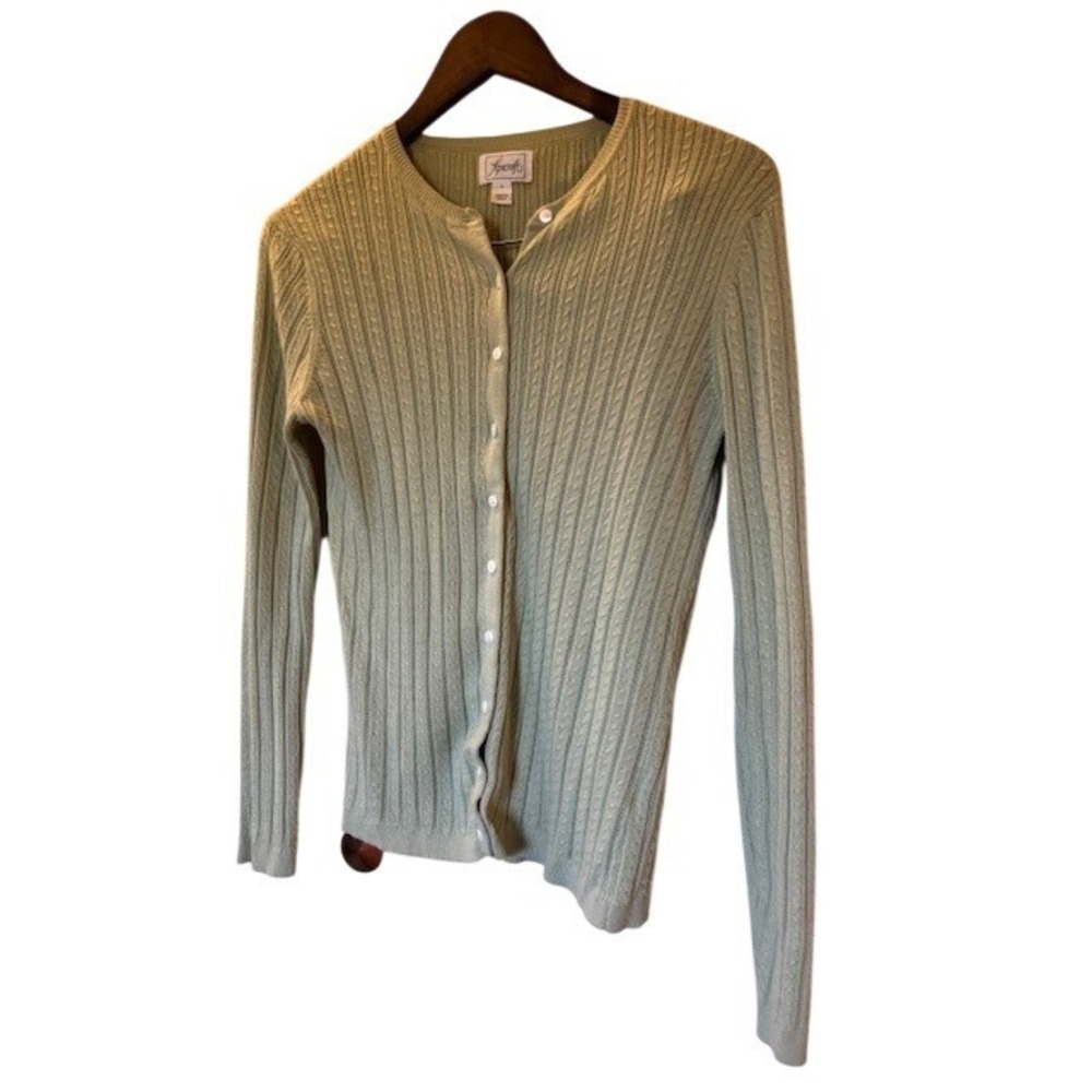 Foxcroft Sage Green Supima Cotton Cable Knit Button Front Cardigan Sweater Small